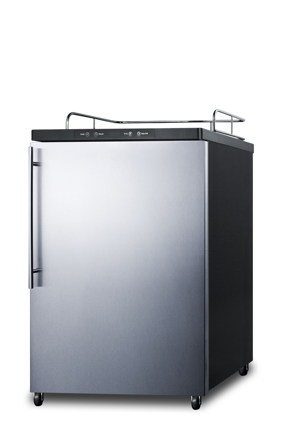 Freestanding residential beer dispenser, auto defrost w/digital thermostat, SS door, thin handle, and black cabinet; no tapping equipment included